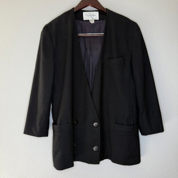 Vintage 80s Christian Dior The Suit Black Wool Double Breasted Blazer | L/XL - Picture 4 of 13